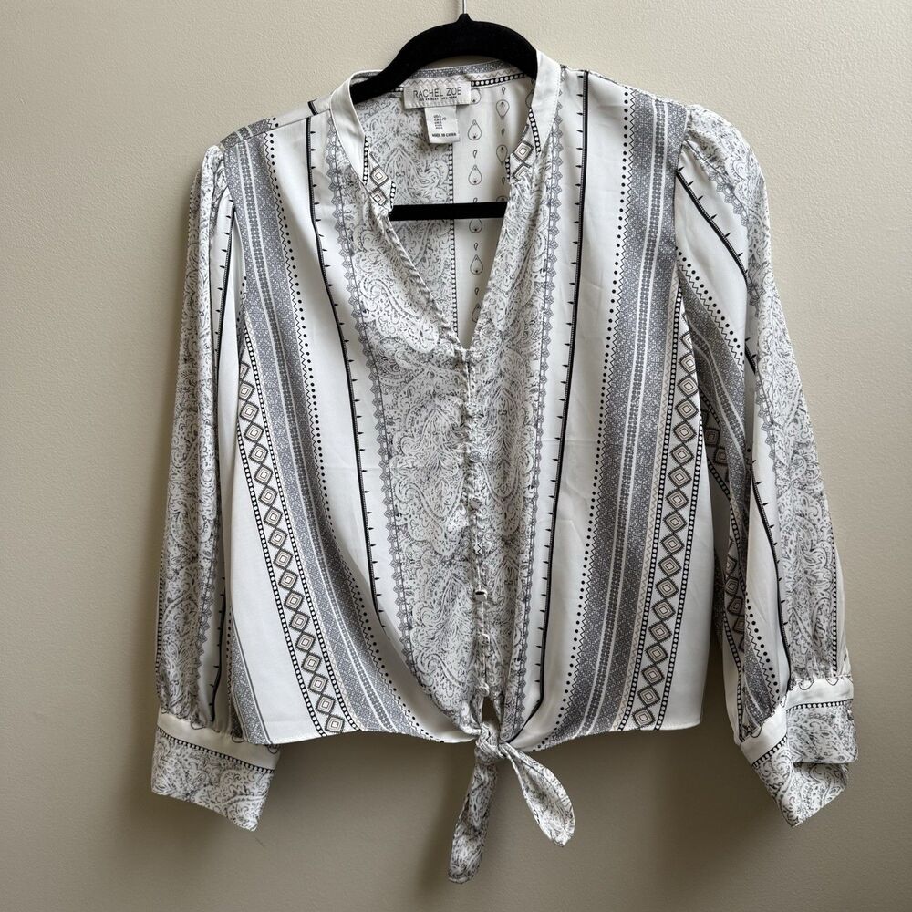Rachel Zoe Black & White Tie Front Button Down Blouse Size Large